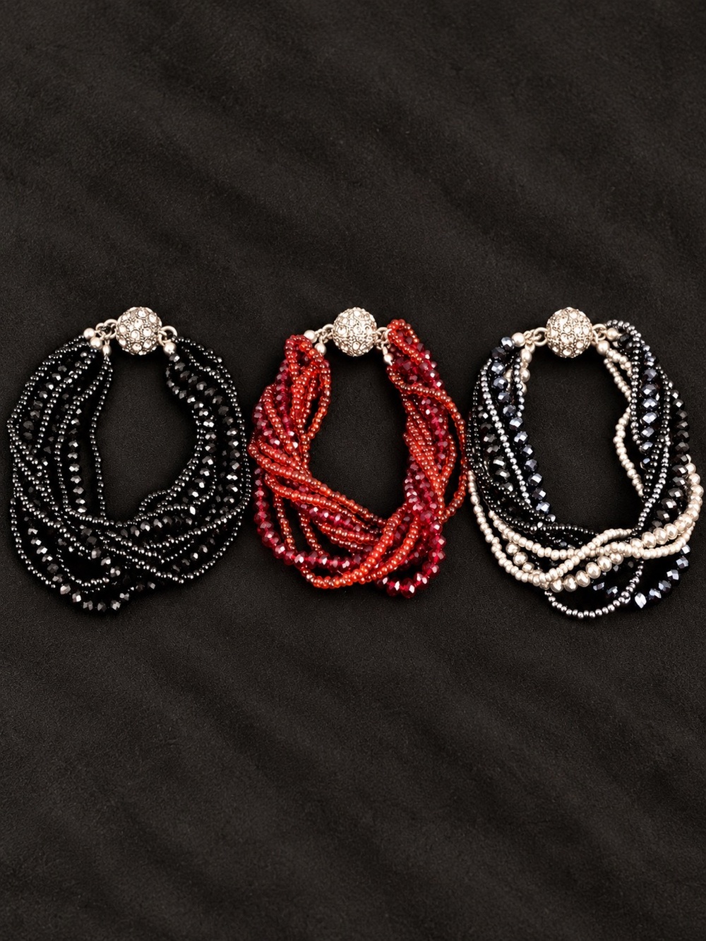 Set of 3 Multi-Strand Faceted Beaded Bracelets Magnetic Crystal Clasps
